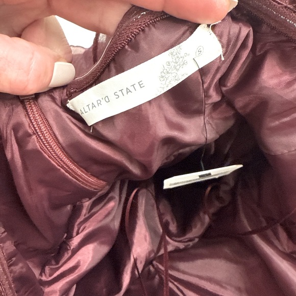 NWT Altar’d State Burgundy Strapless Tiered Ruffle Mini Dress – Size S - Picture 5 of 8